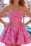 Vestido de regresso a casa, floral A-Line Jacquard A-Line Sem Alças, Rosa Choque com Renda nas Costas