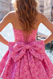 Vestido de regresso a casa, floral A-Line Jacquard A-Line Sem Alças, Rosa Choque com Renda nas Costas