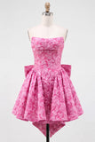 Vestido de regresso a casa, floral A-Line Jacquard A-Line Sem Alças, Rosa Choque com Renda nas Costas