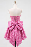 Vestido de regresso a casa, floral A-Line Jacquard A-Line Sem Alças, Rosa Choque com Renda nas Costas