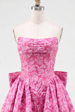 Vestido de regresso a casa, floral A-Line Jacquard A-Line Sem Alças, Rosa Choque com Renda nas Costas