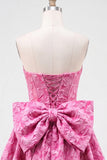 Vestido de regresso a casa, floral A-Line Jacquard A-Line Sem Alças, Rosa Choque com Renda nas Costas