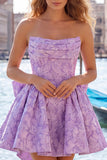 Vestido de regresso a casa, floral A-Line Jacquard A-Line Sem Alças, Rosa Choque com Renda nas Costas