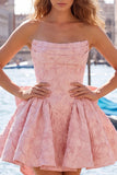 Vestido de regresso a casa, floral A-Line Jacquard A-Line Sem Alças, Rosa Choque com Renda nas Costas