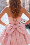 Vestido de regresso a casa, floral A-Line Jacquard A-Line Sem Alças, Rosa Choque com Renda nas Costas