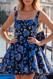 Vestido de regresso a casa, Jacquard Bow Bow, A-Line Azul Claro e Renda nas Costas