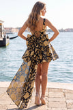Vestido de regresso a casa, Jacquard Bow Bow, A-Line Azul Claro e Renda nas Costas