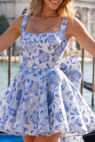 Vestido de regresso a casa, Jacquard Bow Bow, A-Line Azul Claro e Renda nas Costas
