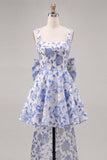 Vestido de regresso a casa, Jacquard Bow Bow, A-Line Azul Claro e Renda nas Costas