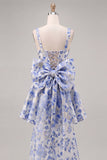 Vestido de regresso a casa, Jacquard Bow Bow, A-Line Azul Claro e Renda nas Costas