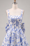 Vestido de regresso a casa, Jacquard Bow Bow, A-Line Azul Claro e Renda nas Costas