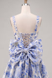 Vestido de regresso a casa, Jacquard Bow Bow, A-Line Azul Claro e Renda nas Costas