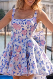 Vestido de regresso a casa, Jacquard Bow Bow, A-Line Azul Claro e Renda nas Costas