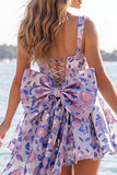 Vestido de regresso a casa, Jacquard Bow Bow, A-Line Azul Claro e Renda nas Costas