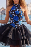 Vestido de regresso a casa, floral A-Line em camadas dourado e preto, com decote halter e renda nas costas