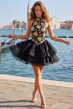 Vestido de regresso a casa, floral A-Line em camadas dourado e preto, com decote halter e renda nas costas