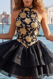 Vestido de regresso a casa, floral A-Line em camadas dourado e preto, com decote halter e renda nas costas