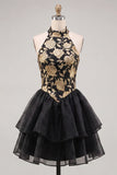 Vestido de regresso a casa, floral A-Line em camadas dourado e preto, com decote halter e renda nas costas