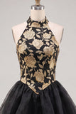Vestido de regresso a casa, floral A-Line em camadas dourado e preto, com decote halter e renda nas costas