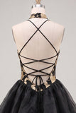 Vestido de regresso a casa, floral A-Line em camadas dourado e preto, com decote halter e renda nas costas