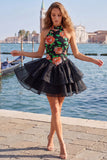 Vestido de regresso a casa, floral A-Line em camadas dourado e preto, com decote halter e renda nas costas