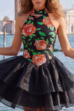 Vestido de regresso a casa, floral A-Line em camadas dourado e preto, com decote halter e renda nas costas