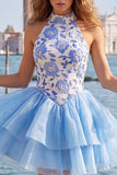 Vestido de regresso a casa, floral A-Line em camadas dourado e preto, com decote halter e renda nas costas