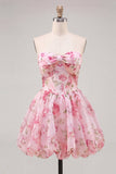 Vestido de Finalistas Florais em Chiffon Cor-de-Rosa A-Line com Renda nas Costas