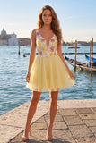 Vestido de Finalistas Amarelo, Amarelo em V, com Lantejoulas e Lantejoulas, Linha A