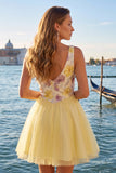 Vestido de Finalistas Amarelo, Amarelo em V, com Lantejoulas e Lantejoulas, Linha A