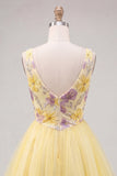 Vestido de Finalistas Amarelo, Amarelo em V, com Lantejoulas e Lantejoulas, Linha A