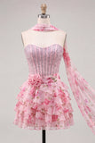 Espartilho cor-de-rosa A-Line Vestido de finalistas florais em camadas com missangas e lenço no pescoço