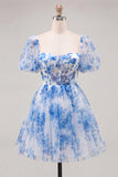 Espartilho azul decote quadrado, vestido floral de regresso a casa, com renda nas costas