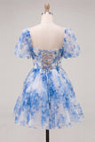 Espartilho azul decote quadrado, vestido floral de regresso a casa, com renda nas costas