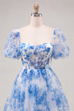 Espartilho azul decote quadrado, vestido floral de regresso a casa, com renda nas costas
