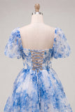 Espartilho azul decote quadrado, vestido floral de regresso a casa, com renda nas costas