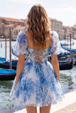 Espartilho azul decote quadrado, vestido floral de regresso a casa, com renda nas costas
