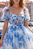 Espartilho azul decote quadrado, vestido floral de regresso a casa, com renda nas costas
