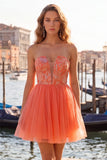 Vestido Curto de Finalista Amarelo A-Line Brodado Floralmente Bordado