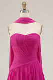 Vestido amarelo A-Line Strapless Franzado, plissado e plissado, com lenço no pescoço