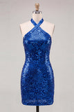 Vestido curto de regresso a casa, vestido de regresso a casa azul real cintilante com gola curta