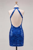 Vestido curto de regresso a casa, vestido de regresso a casa azul real cintilante com gola curta