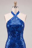 Vestido curto de regresso a casa, vestido de regresso a casa azul real cintilante com gola curta