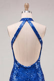 Vestido curto de regresso a casa, vestido de regresso a casa azul real cintilante com gola curta