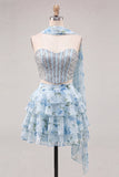 Espartilho A-Line de 2 peças Sweetheart Azul Claro Vestido de Regresso a Casa Floral em camadas com bordas