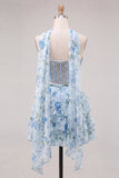Espartilho A-Line de 2 peças Sweetheart Azul Claro Vestido de Regresso a Casa Floral em camadas com bordas