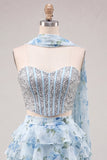 Espartilho A-Line de 2 peças Sweetheart Azul Claro Vestido de Regresso a Casa Floral em camadas com bordas