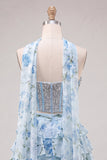 Espartilho A-Line de 2 peças Sweetheart Azul Claro Vestido de Regresso a Casa Floral em camadas com bordas