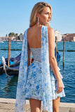 Espartilho A-Line de 2 peças Sweetheart Azul Claro Vestido de Regresso a Casa Floral em camadas com bordas