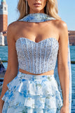 Espartilho A-Line de 2 peças Sweetheart Azul Claro Vestido de Regresso a Casa Floral em camadas com bordas